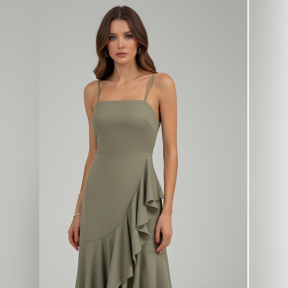 Asymmetrical Hem Ruffle Trim Spaghetti Strap Dress Green - Picture 5 of 14